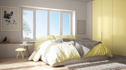 Scandinavian white and yellow minimalist bedroom with panoramic window, fur carpet and herringbone parquet, modern pastel architecture interior design