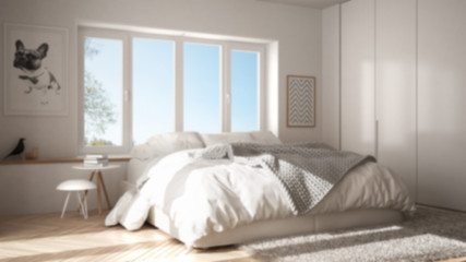 Blur background interior design, scandinavian white and green minimalist bedroom with panoramic window, fur carpet and herringbone parquet