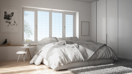 Fototapeta na wymiar Unfinished project draft interior design, scandinavian white and green minimalist bedroom with panoramic window, fur carpet and herringbone parquet