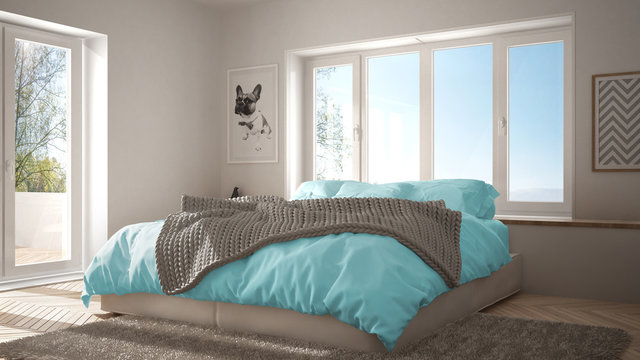 Scandinavian white and blue minimalist bedroom with panoramic window, fur carpet and herringbone parquet, modern pastel architecture interior design