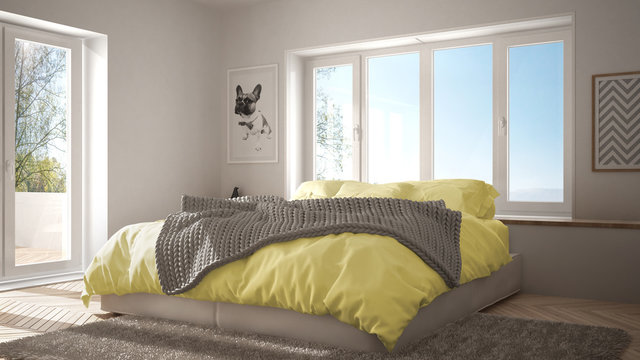 Scandinavian white and yellow minimalist bedroom with panoramic window, fur carpet and herringbone parquet, modern pastel architecture interior design