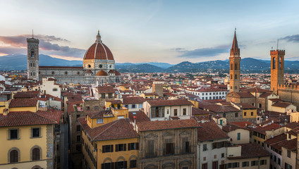 Panoramic view of Florence sunset city skyline with Cathedral and bell tower Duomo. Florence, Italy.