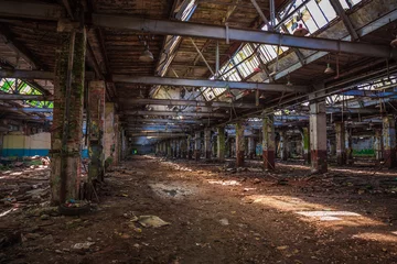 Foto op Plexiglas Verlaten geruïneerd industrieel magazijn of fabrieksgebouw binnen, gangzicht met perspectief, ruïnes en sloopconcept © DedMityay