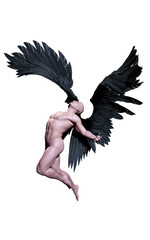 Naklejka premium 3d ilustracja skrzydła demona, upierzenie czarne skrzydło na białym tle na białym tle ze ścieżką przycinającą.