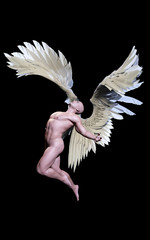 Naklejka premium 3d ilustracja skrzydła anioła, upierzenie białe skrzydło na białym na czarnym tle ze ścieżką przycinającą.