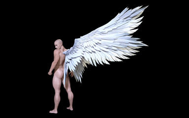 3d Illustration Angel Wings, White Wing Plumage Isolated on Black Background with Clipping Path.