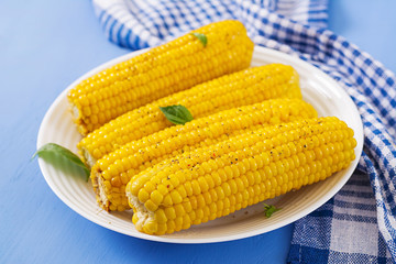 Boiled corn in white plate on blue background. Summer food.