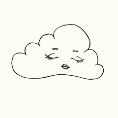 Cloud with closed eyes, sleeping face, hand drawn doodle, sketch isolated vector outline black and white illustration