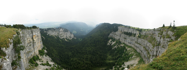 Panoramic view of Creux du Van, a rock formation like an arena in Switzerland, Neuchatel area