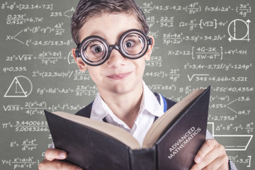 Education concept with geek student in classroom