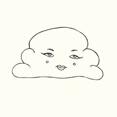 Cloud with cute face, hand drawn doodle, sketch isolated vector outline black and white illustration
