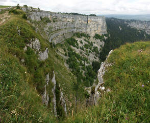 Looking down in the Creux du Van, a rock formation like an arena in Switzerland, Neuchatel area