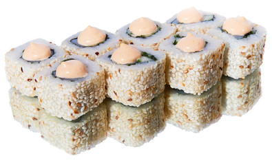 A set of sushi with reflection on white background