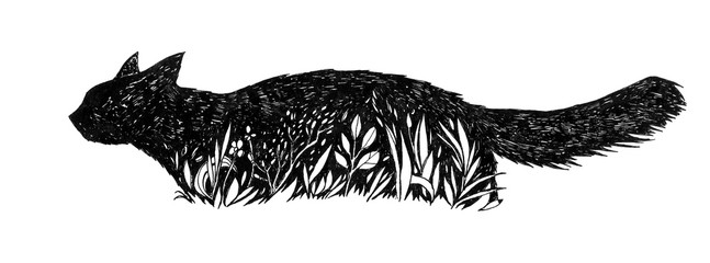 Black Cat in a grass. Graphic feline illustration. Hand drawn ink work. Animalistic design. Can be used as logo, background, prints, desktop wallpaper, etc.