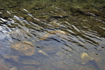 Through clear water you can see the stones. river spring water. colored stones. Crystal clear water in the waterfall.