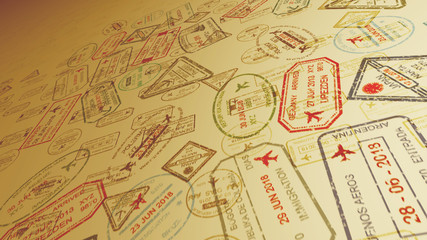 Travel stamps with airplane pictures