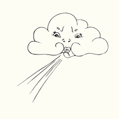 Cloud with funny face blowing wind from it`s lips, hand drawn doodle, sketch isolated vector outline black and white illustration