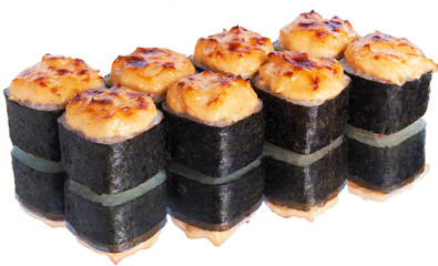 baked sushi on white background with reflection