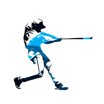 Baseball player swinging with bat, blue abstract isolated vector silhouette