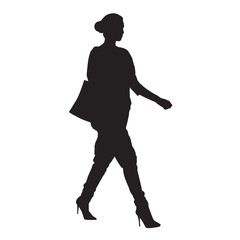 Woman with purse goes shopping, isolated vector silhouette. Spending money, shopping