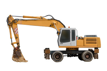 yellow excavator isolated on white background