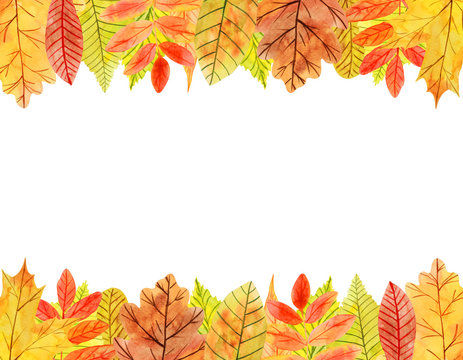 Rectangular inner frame of watercolor autumn leaves with place for text on white background