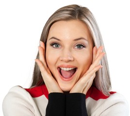 Happy Young Woman Screaming with Hands on Face - Isolated