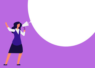Businesswoman with megaphone. Woman shouting in bullhorn with speech bubble for message. Announcement, event marketing vector concept