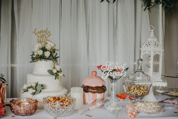 Wedding reception details, wedding cake, sweet treats