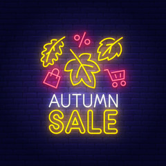 Autumn Sale neon sign, bright signboard, light banner. Autumn Discounts logo, emblem. Vector illustration