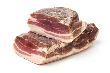 Smoked rustic farmer meat, isolated on white background.