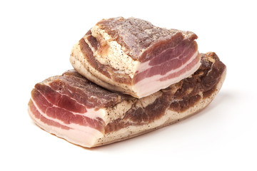 Smoked rustic farmer meat, isolated on white background.