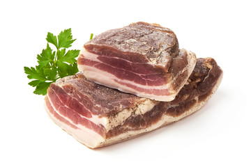 Smoked rustic farmer meat with parsley leaf, isolated on white background.