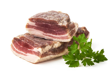 Smoked rustic farmer meat with parsley leaf, isolated on white background.