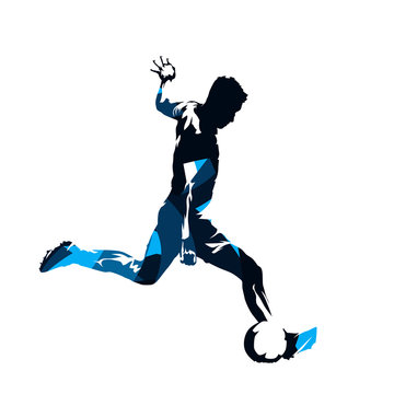 Soccer player kicking ball, abstract blue isolated vector silhouette. Footballer, side view. European football