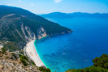 Aerial view of Myrtos beach in Kefalonia ionian island in Greece. One of the most famous beaches in the world with turquoise crystal clear sea waters 