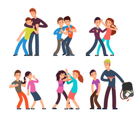 Bullying kids. Stop school bully. Aggressive and sad children. Cartoon fighting teenagers vector characters set
