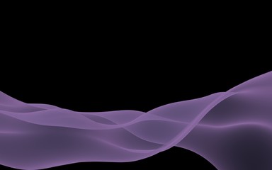 Abstract purple wave. Raster air background. Bright purple ribbon on dark background. Purple scarf. Abstract smoke. 3d illustration