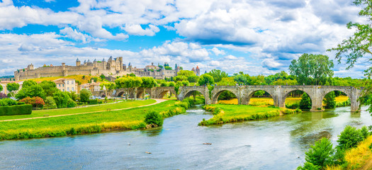 Sunset view of Old town of Carcassonne and pont vieux in France