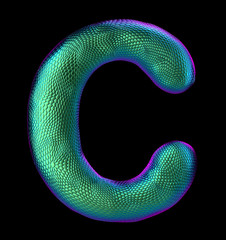 Letter C made of natural green snake skin texture isolated on black.