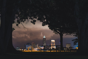 Cleveland script sign and city skyline
