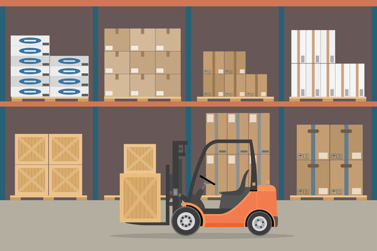Orange Forklift truck in warehouse hangar interior. Warehouse Equipment, cargo delivery, storage service. Vector illustration.
