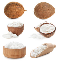 Set with coconut flakes on white background