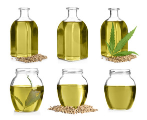 Set with hemp oil on white background. Healthy superfood