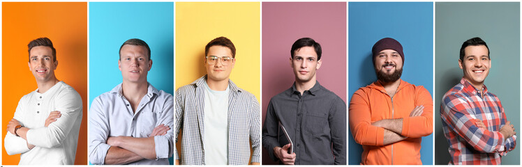 Set with handsome men portraits on color background. Different emotions