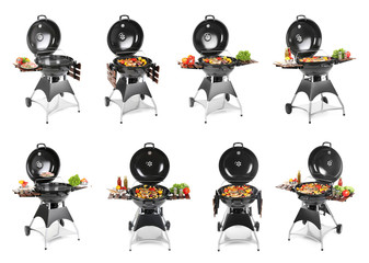 Set with modern barbecue grill and tasty food on white background