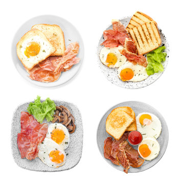 Set with fried eggs and bacon on white background, top view