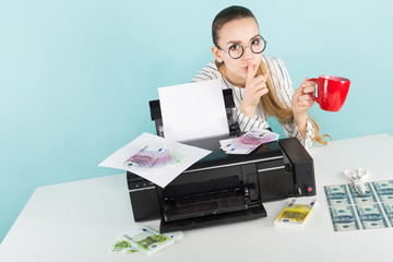 Attractive woman printing cash