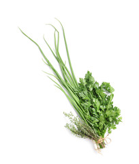 Fresh green onion, parsley and thyme on white background, top view. Aromatic herbs