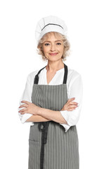 Professional chef wearing uniform on white background